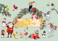 Christmas set of cute animals and birds in winter hats.